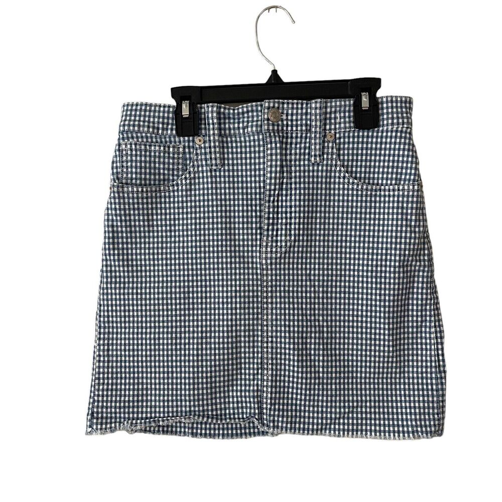 Madewell 26 Skirt Stretch Denim Straight Blue White Gingham Short Mini - Picture 1 of 9